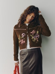 Chocolate Brown Floral Long Sleeve Knitted Collar Cardigan - Image 1 of 7