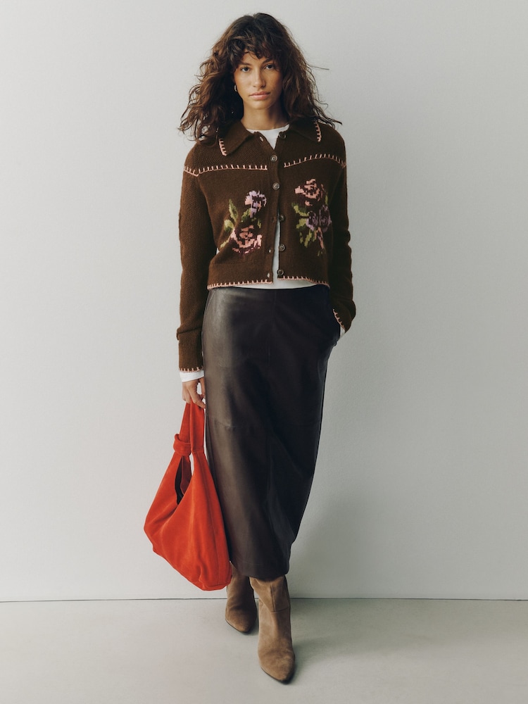 Chocolate Brown Floral Long Sleeve Knitted Collar Cardigan - Image 2 of 7