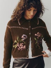 Chocolate Brown Floral Long Sleeve Knitted Collar Cardigan - Image 3 of 7
