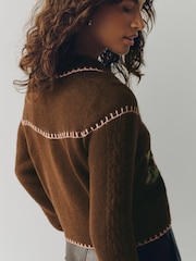 Chocolate Brown Floral Long Sleeve Knitted Collar Cardigan - Image 4 of 7