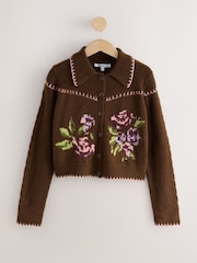 Chocolate Brown Floral Long Sleeve Knitted Collar Cardigan - Image 5 of 7
