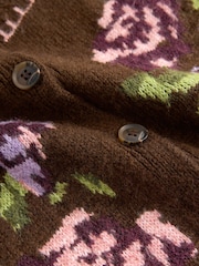 Chocolate Brown Floral Long Sleeve Knitted Collar Cardigan - Image 6 of 7