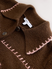 Chocolate Brown Floral Long Sleeve Knitted Collar Cardigan - Image 7 of 7
