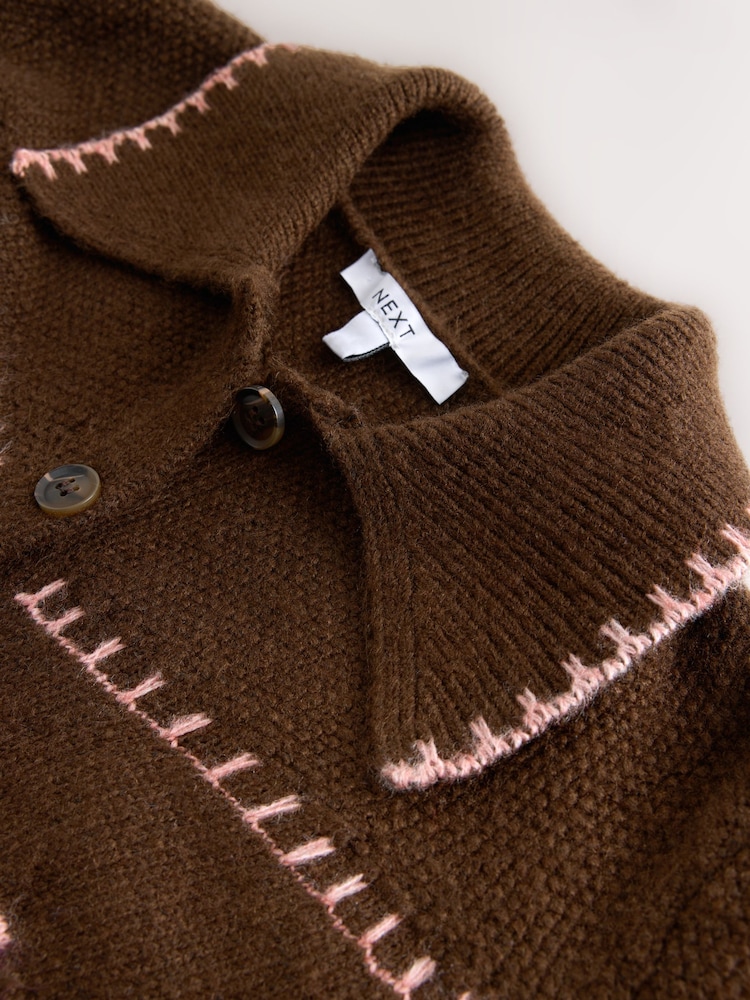 Chocolate Brown Floral Long Sleeve Knitted Collar Cardigan - Image 7 of 7