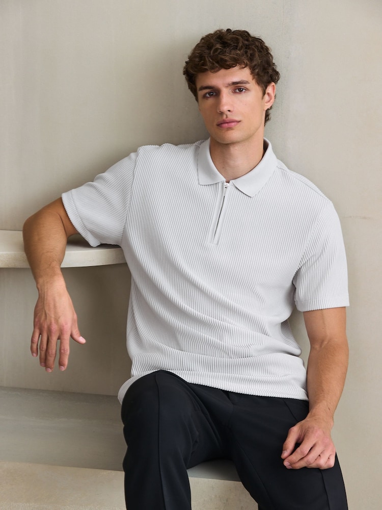 Ice Grey Textured Smart Zip Neck Polo Shirt - Image 1 of 8 Ice Grey Textured Smart Zip Neck Polo Shirt - Image 1 of 8