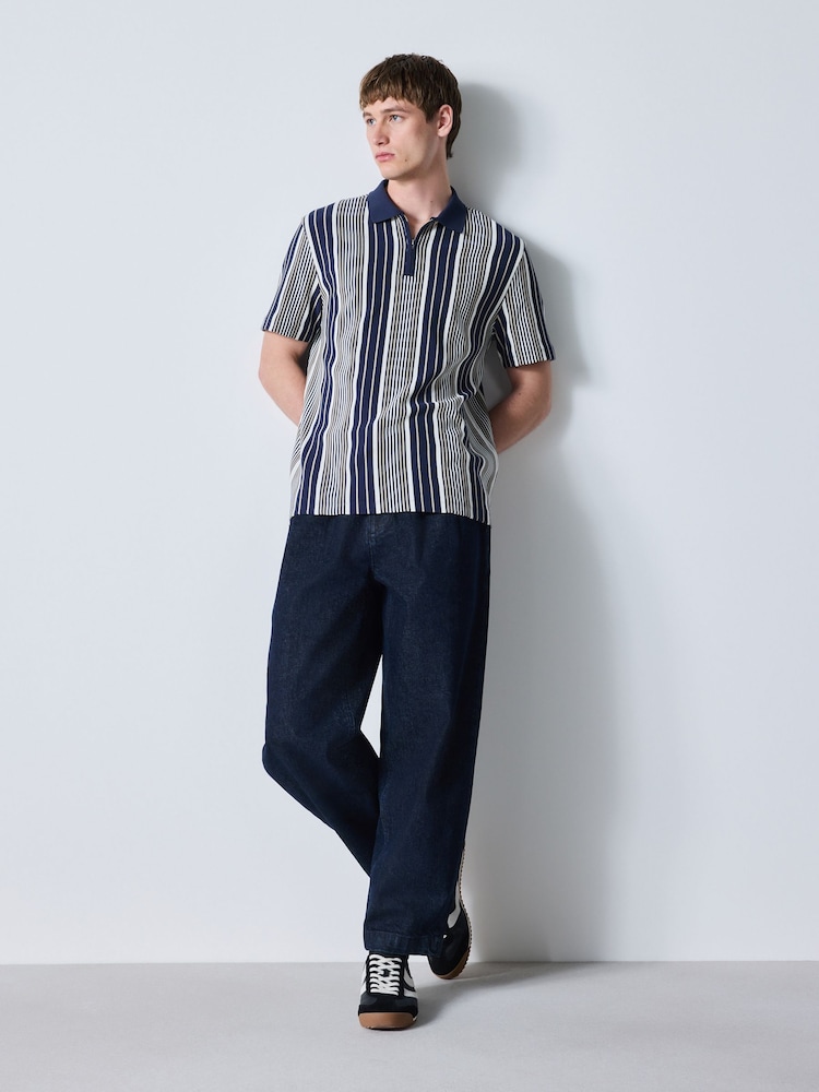 Navy/White Vertical Stripe Quarter Zip Polo Shirt - Image 2 of 5 Navy/White Vertical Stripe Quarter Zip Polo Shirt - Image 2 of 5