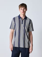 Navy/White Vertical Stripe Quarter Zip Polo Shirt - Image 5 of 5
