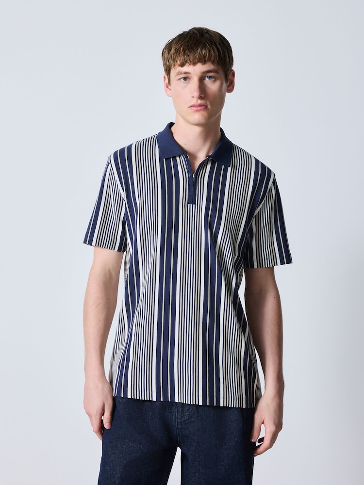 Navy/White Vertical Stripe Quarter Zip Polo Shirt - Image 5 of 5 Navy/White Vertical Stripe Quarter Zip Polo Shirt - Image 5 of 5