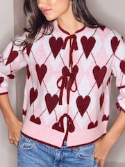 Lipsy Pink and Red Heart Argyle Tie Front Cosy Knitted Cardigan - Image 1 of 5