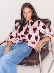 Lipsy Pink and Red Heart Argyle Tie Front Cosy Knitted Cardigan - Image 2 of 5