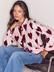 Lipsy Pink and Red Heart Argyle Tie Front Cosy Knitted Cardigan - Image 3 of 5