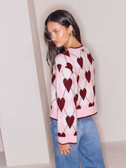 Lipsy Pink and Red Heart Argyle Tie Front Cosy Knitted Cardigan - Image 5 of 5