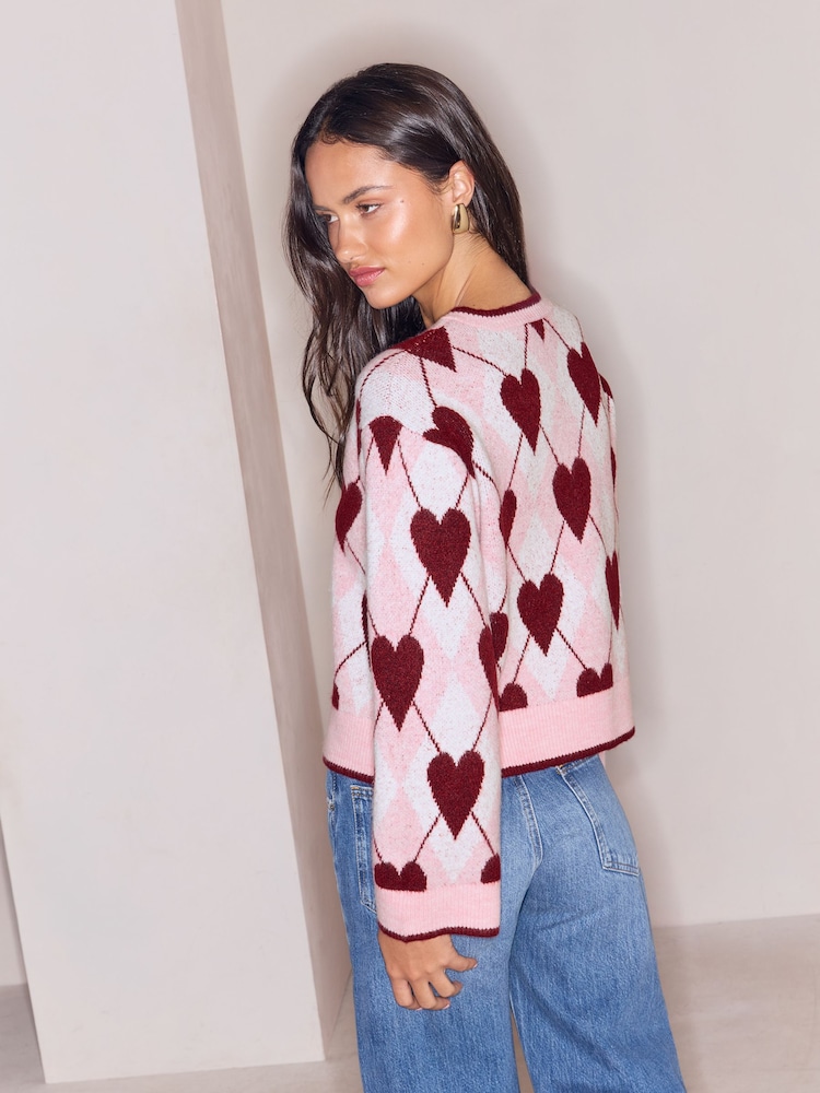 Lipsy Pink and Red Heart Argyle Tie Front Cosy Knitted Cardigan - Image 5 of 5