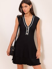 Lipsy Black White Piping V-Neck Button Down Knitted Dress - Image 1 of 4