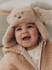 Brown Beige Faux Fur Bear Faced Baby Trapper Hat - Image 1 of 5