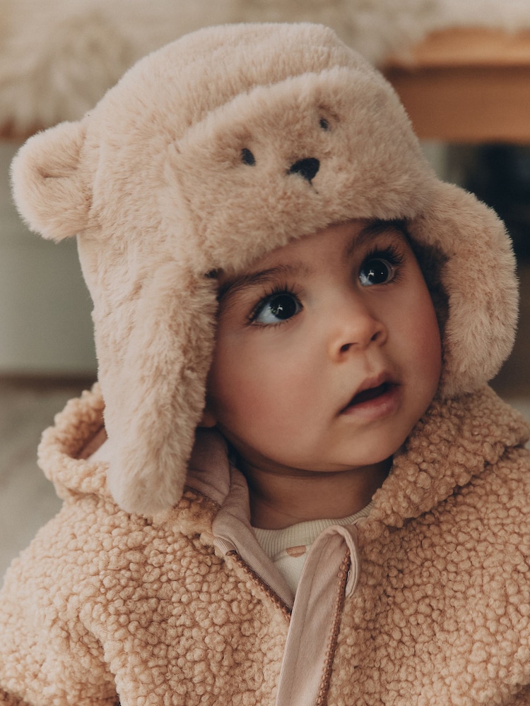 Brown Beige Faux Fur Bear Faced Baby Trapper Hat - Image 2 of 5