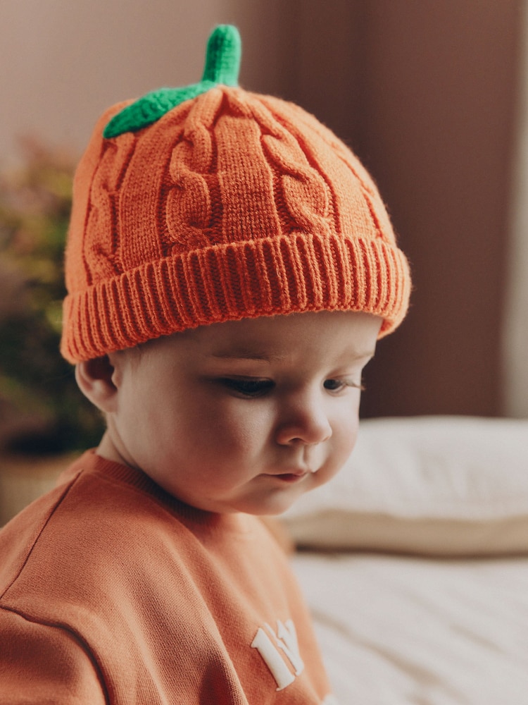 Orange Pumpkin Baby Knitted Beanie Hat - Image 1 of 5 Orange Pumpkin Baby Knitted Beanie Hat - Image 1 of 5