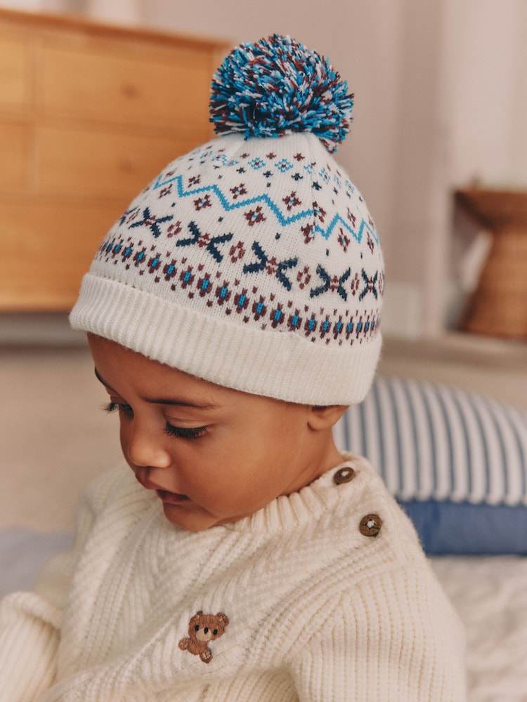 Fairisle - Pom ilə Trikotaj Körpə Papağı - 5şəkildən 2 şəkil Fairisle - Pom ilə Trikotaj Körpə Papağı - 5şəkildən 2 şəkil