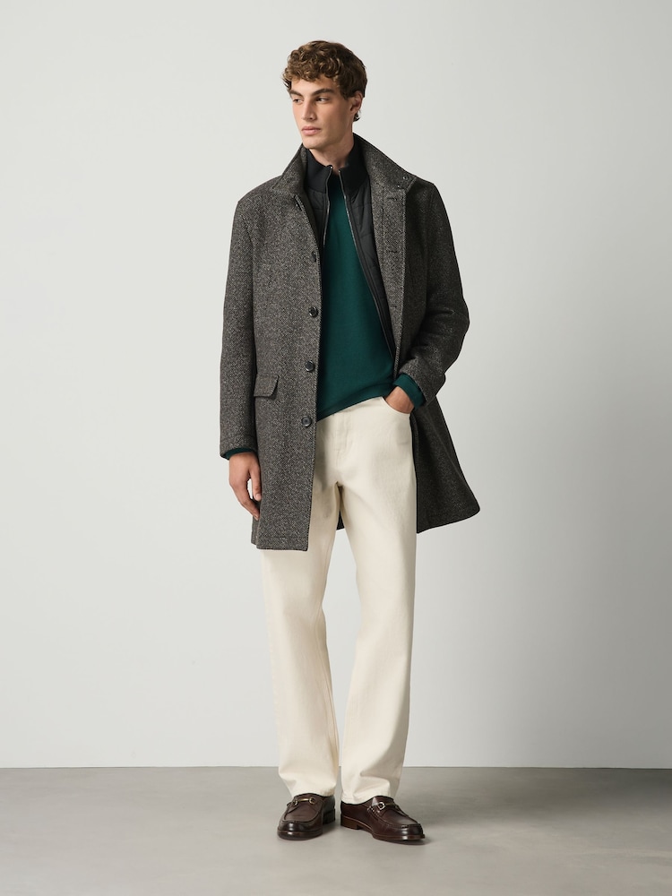Brown Wool Blend Mock Gilet Herringbone Padded Coat - Image 1 of 5