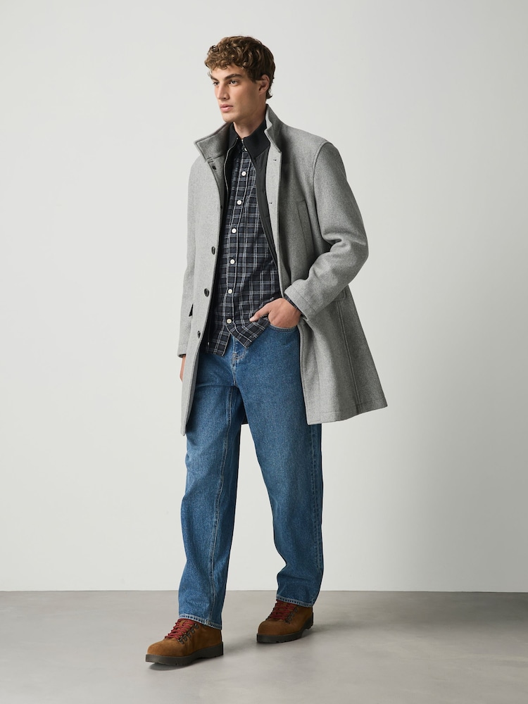 Grey Wool Blend Mock Gilet Herringbone Padded Coat - Image 1 of 5