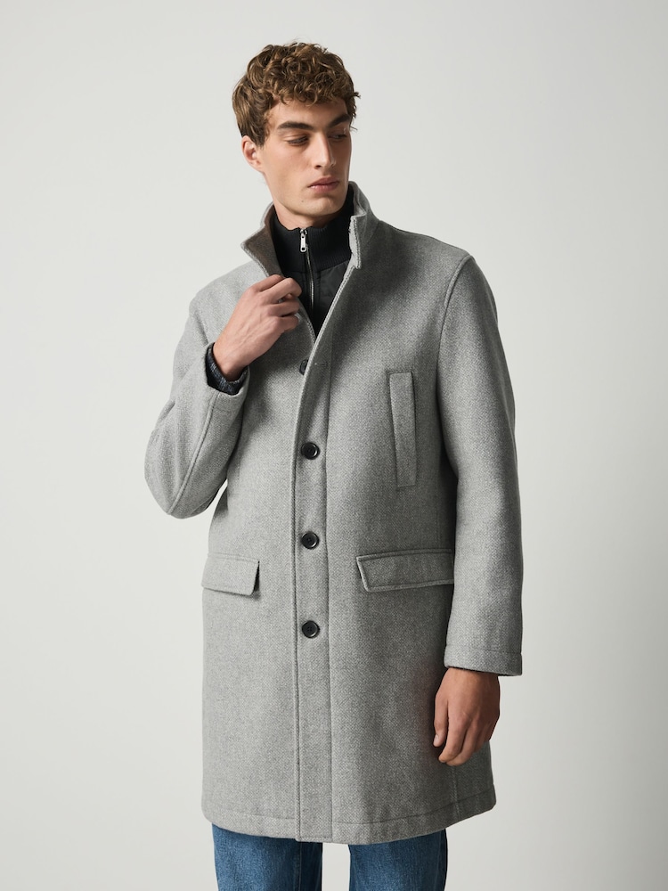 Grey Wool Blend Mock Gilet Herringbone Padded Coat - Image 2 of 5