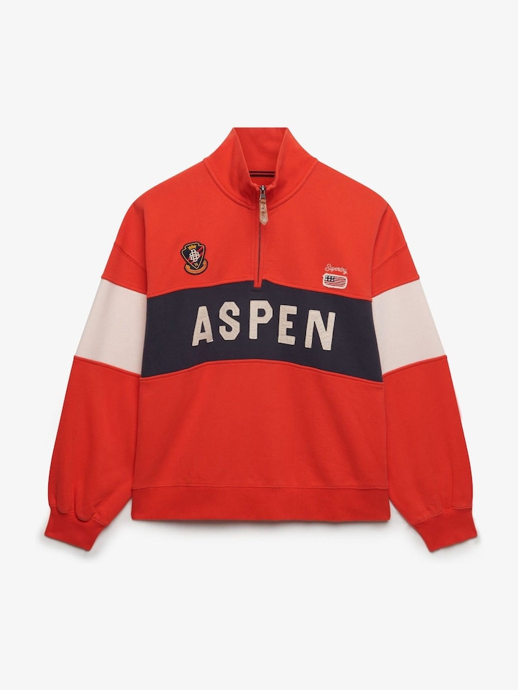 Superdry Red Preppy Half Zip Sweat Top - Image 6 of 6