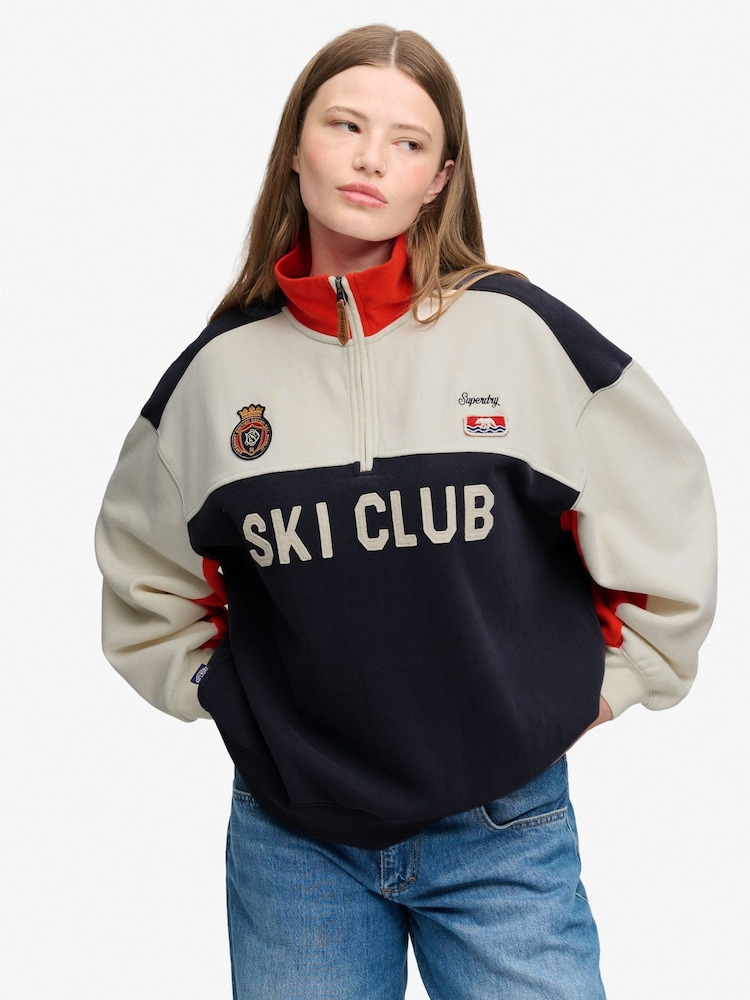 Superdry Cream Preppy Half Zip Sweat Top - Image 1 of 6