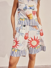 Cream/Red Map Print Pleat Front Bermuda Shorts - Image 1 of 5
