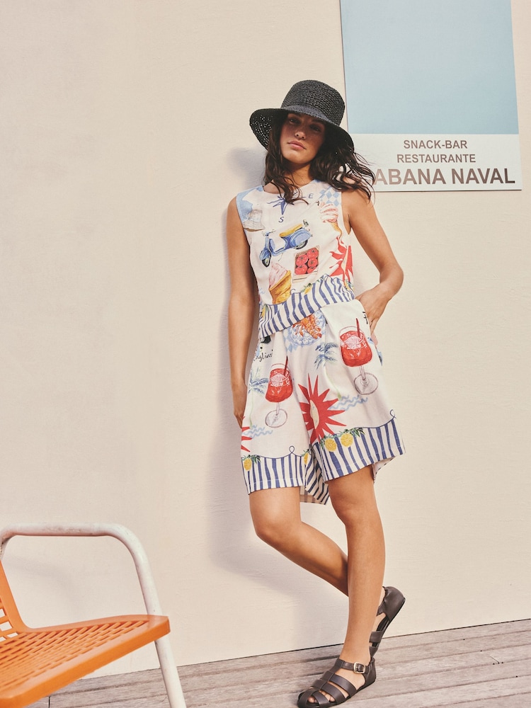 Cream/Red Map Print Pleat Front Bermuda Shorts - Image 2 of 5