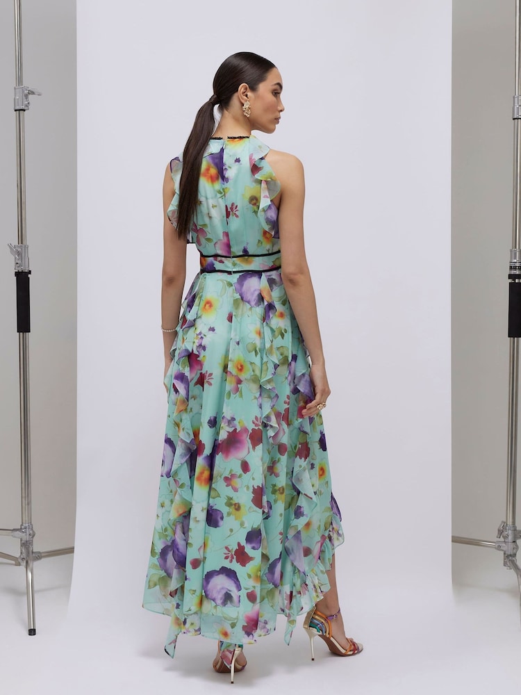 River Island Blue Halter Neck Floral Midi Dress - Image 2 of 4