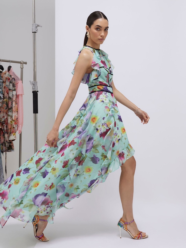 halter neck floral midi dress Brick Red Floral Halter Midi Dress - Event Dresses