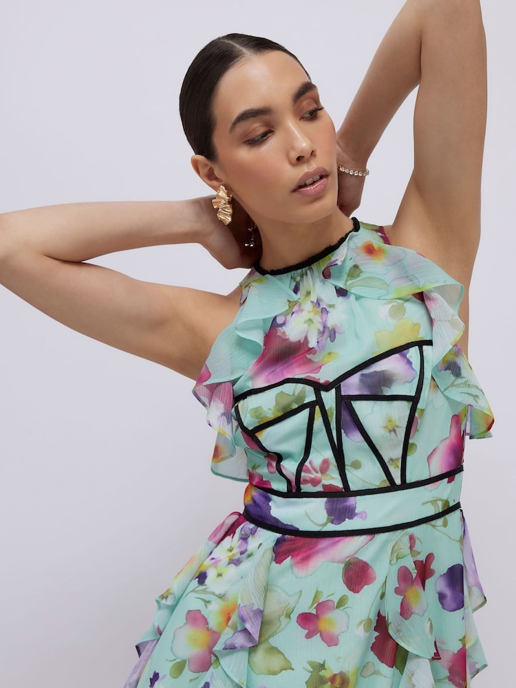 River Island Blue Halter Neck Floral Midi Dress - Image 4 of 4