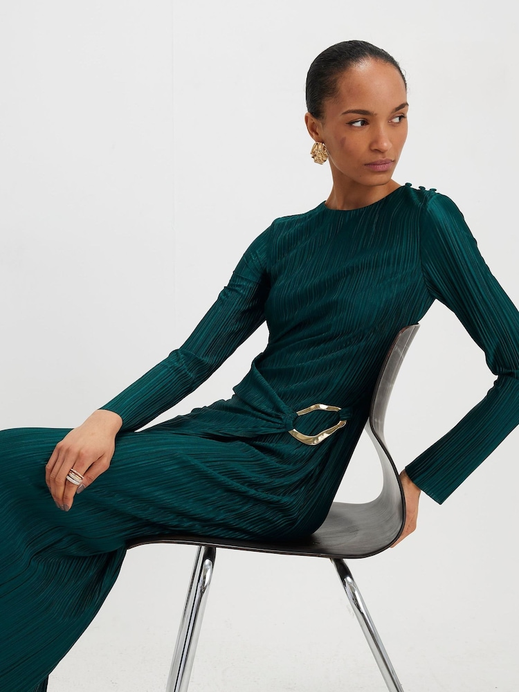 River Island Green Long Sleeve Plisse Midi Dress - Image 3 of 3