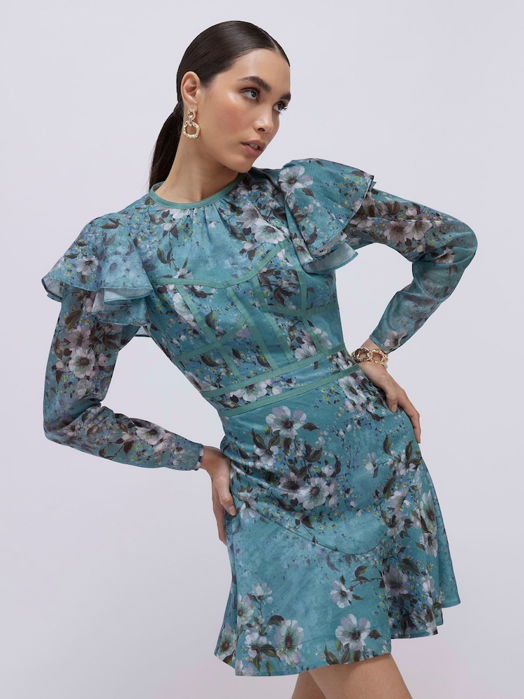 River Island Blue Long Sleeve Floral Mini Dress - Image 1 of 4 River Island Blue Long Sleeve Floral Mini Dress - Image 1 of 4