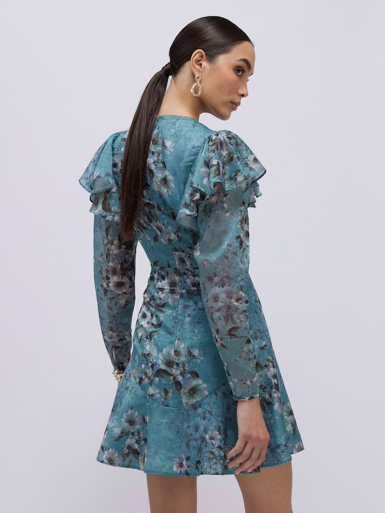 River Island Blue Long Sleeve Floral Mini Dress - Image 2 of 4 River Island Blue Long Sleeve Floral Mini Dress - Image 2 of 4