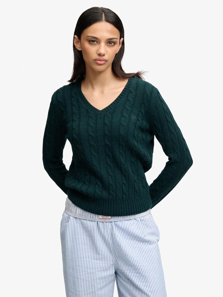 Superdry Green Wool Blend Cable V-Neck Jumper - Image 1 of 4