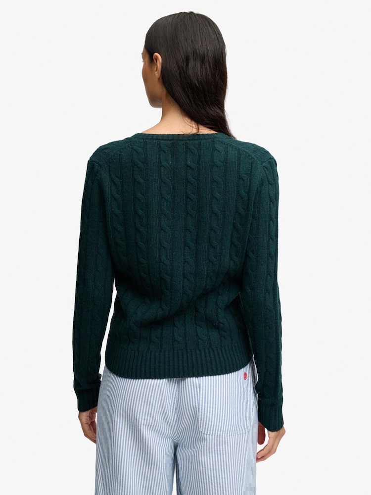 Superdry Green Wool Blend Cable V-Neck Jumper - Image 2 of 4