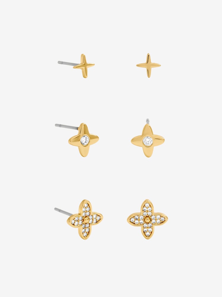 Inicio Gold Tone Polished and Crystal Clover Earrings Pack of 3 - Image 1 of 1