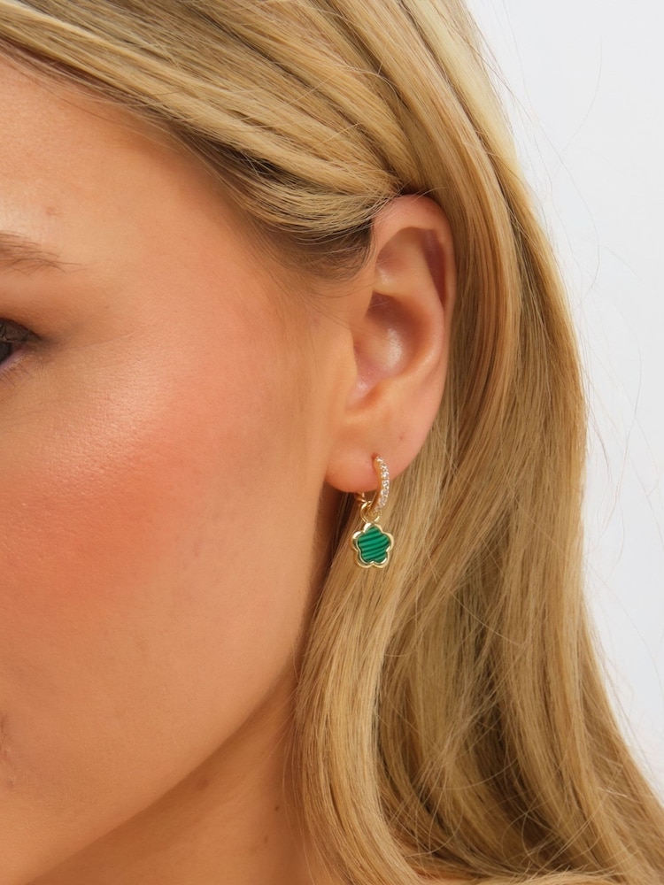 Inicio Gold Tone Malachite Flower Earrings Gift Pouch - Image 2 of 4