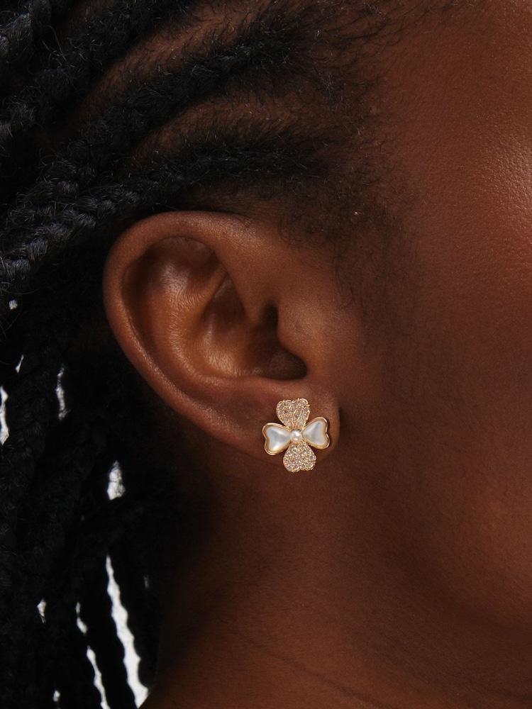 Inicio Gold Tone Mother of Pearl and Pave Clover Stud Earrings - Image 3 of 3