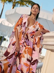 Caftan long imprimé Lipsy cravate sur le devant, drapé et orné de paillettes et d'une bordure effet froissé. - Image 1 de 3