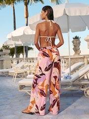 Lipsy Pink Orange Tropical Printed Tassels Sparkle Crinkle Drawstring Wide Leg Trouser Cover-Up - Image 4 of 4