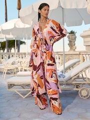 Lipsy Pink Orange Tropical Petite Printed Tassels Sparkle Crinkle Drawstring Wide Leg Trouser Cover-Up - Image 3 of 4