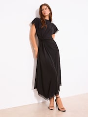 Lipsy Black Side Knot High Neck Aysmmetrical Lace Hem Midi Dress - Image 1 of 4