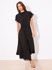 Lipsy Black Side Knot High Neck Aysmmetrical Lace Hem Midi Dress - Image 3 of 4