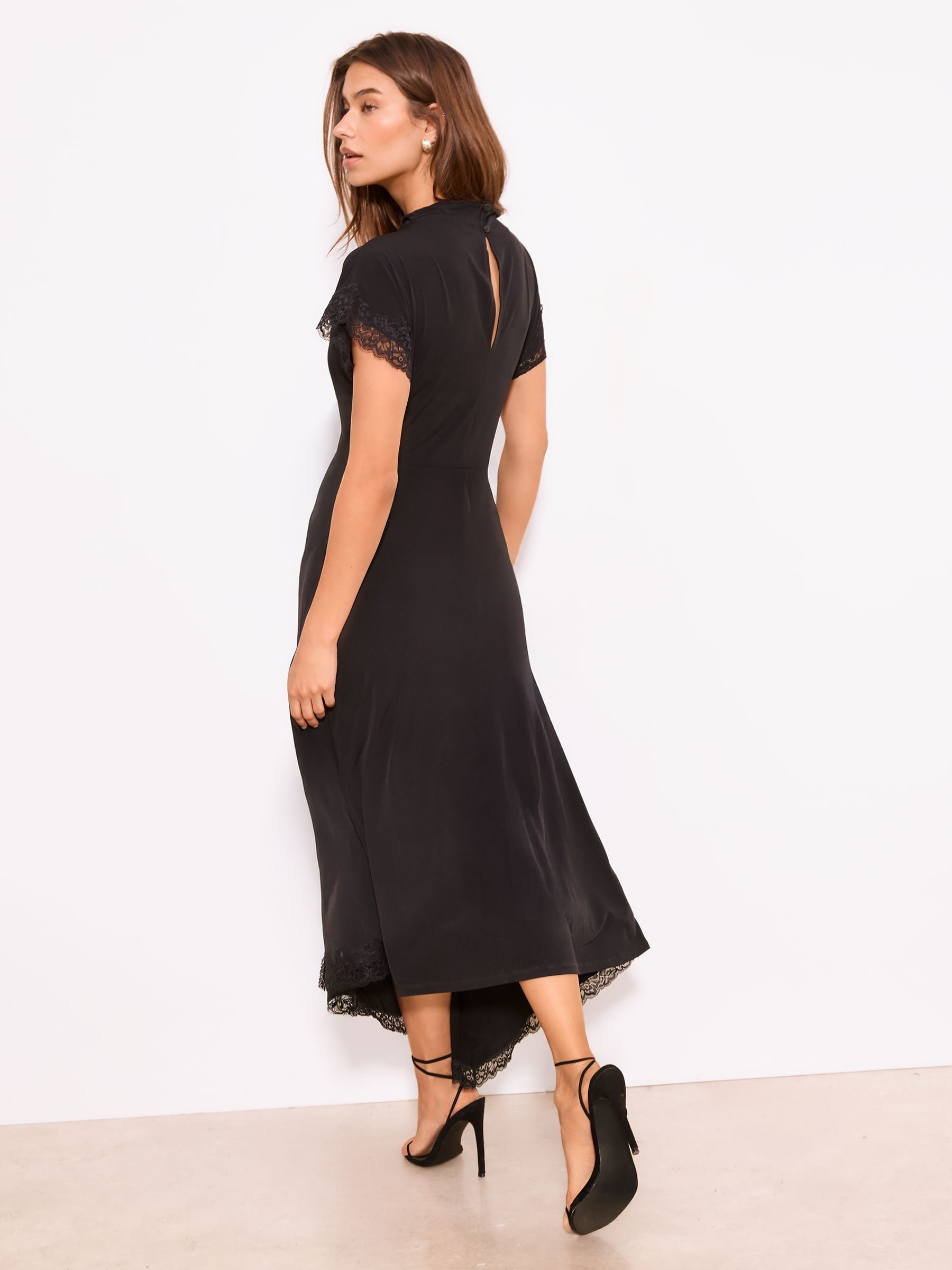 Buy Lipsy Black Knot Side Drape Lace Asymmetric Midi Dress from