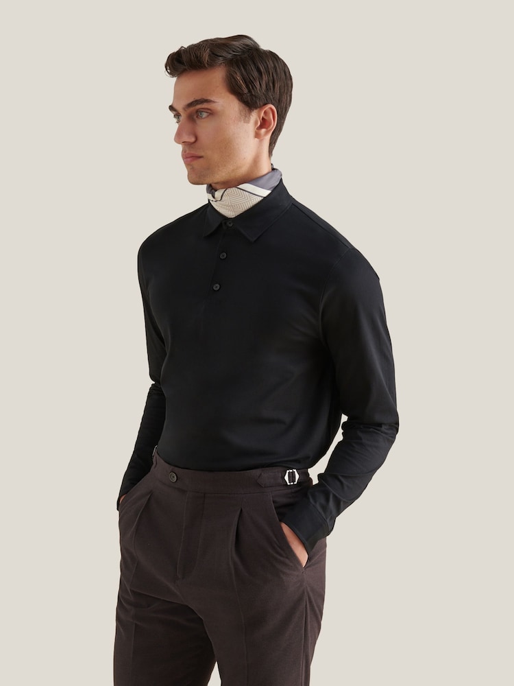 Peckham Rye Black Long Sleeve Mercerised Jersey Polo Shirt - Image 6 of 6 Peckham Rye Black Long Sleeve Mercerised Jersey Polo Shirt - Image 6 of 6