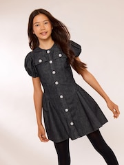 Lipsy Black Denim Puff Sleeve Diamante Dress (5-16yrs) - Image 1 of 5