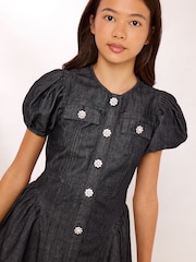 Lipsy Black Denim Puff Sleeve Diamante Dress (5-16yrs) - Image 2 of 5
