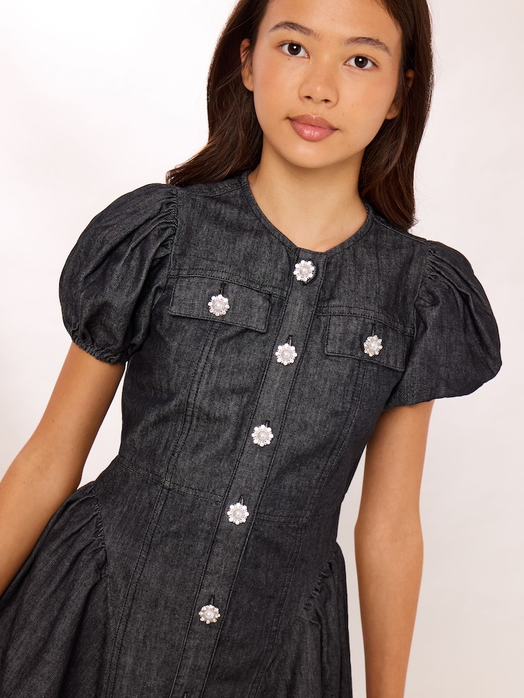 Lipsy Black Denim Puff Sleeve Diamante Dress (5-16yrs) - Image 2 of 5 Lipsy Black Denim Puff Sleeve Diamante Dress (5-16yrs) - Image 2 of 5